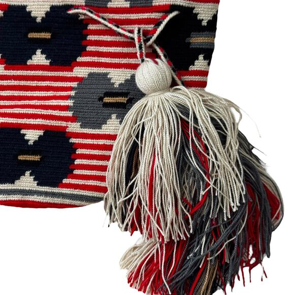 Guanabana Handmade Woven Crossbody Bucket Bag Red Geometric Tassel Boho Chic Art - Picture 5 of 8